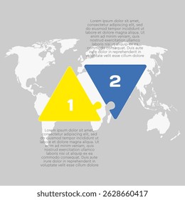 Vector diagram infographic process on 2 parts, options or processes. Template time line for diagram, graph, presentation and chart. Two steps colorful part triangle jigsaw for business, flow concept