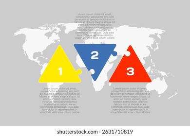Vector diagram infographic process on 3 parts, options or processes. Template time line for diagram, graph, presentation and chart. Three steps colorful part triangle jigsaw for business, flow concept