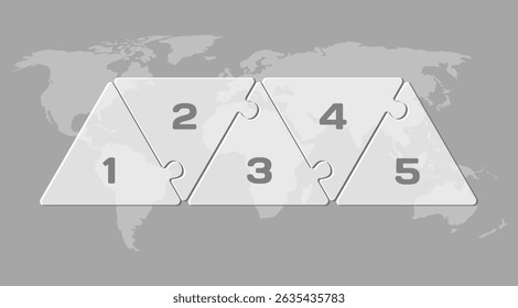 Vector diagram infographic process on 5 parts, options or processes. Template time line for diagram, graph, presentation, chart. Five steps transparent part triangle jigsaw for business, flow concept