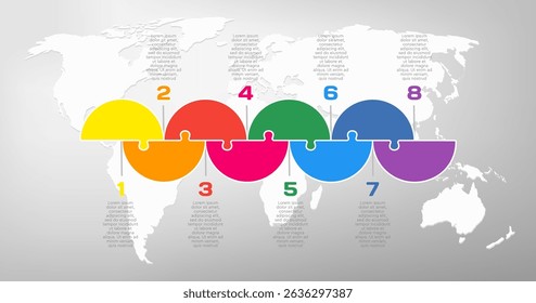 Proceso de infografía de diagrama de Vector en 8 partes, opciones o procesos. Cronología de la Plantilla para el gráfico, la presentación y el gráfico. Ocho pasos de piezas de rompecabezas de piezas de color para negocios, concepto de flujo