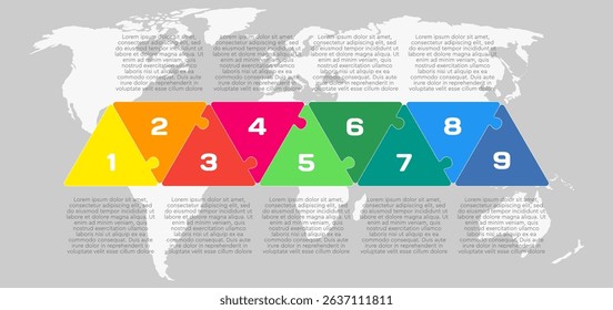 Vector diagram infographic process on 9 parts, options or processes. Template time line for diagram, graph, presentation and chart. Nine steps colorful part triangle jigsaw for business, flow concept