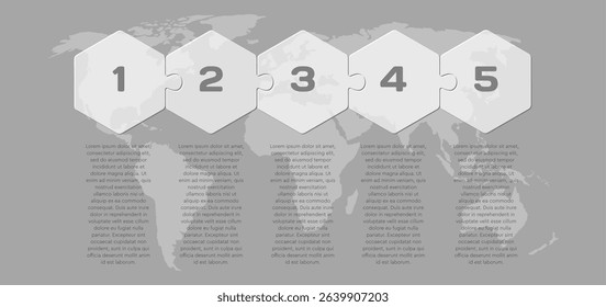 Vector diagram infographic process on 5 parts, options or processes. Template time line for diagram, graph, presentation and chart. Five steps transparent part hexagon jigsaw for business flow concept