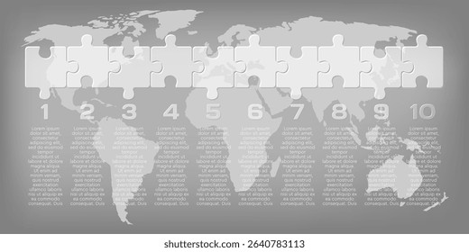 Vector diagram infographic process on 10 parts, options or processes. Template timeline for graph, presentation and chart. Ten steps transparent part puzzle pieces for business, flow concept