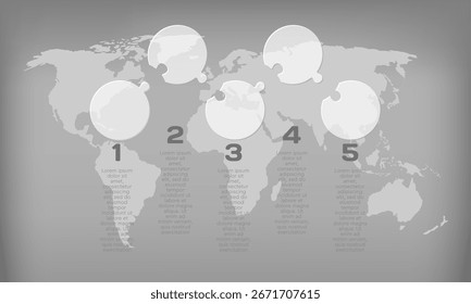 Vector diagram infographic process on 5 parts, options or processes. Template timeline for graph, presentation and chart. Five steps transparent part circle puzzle pieces for business, flow concept