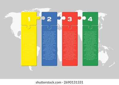 Vector diagram infographic process on 4 parts, options or processes. Template timeline for graph, presentation and chart. Four steps colorful part puzzle pieces for business, flow concept
