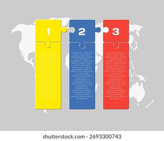 Vector diagram infographic process on 3 parts, options or processes. Template timeline for graph, presentation and chart. Three steps colorful part puzzle pieces for business, flow concept