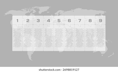 Proceso de infografía de diagrama de Vector en 9 partes, opciones o procesos. Cronología de la Plantilla para el gráfico, la presentación y el gráfico. Piezas transparentes del rompecabezas de la pieza de nueve pasos para el negocio, concepto del flujo