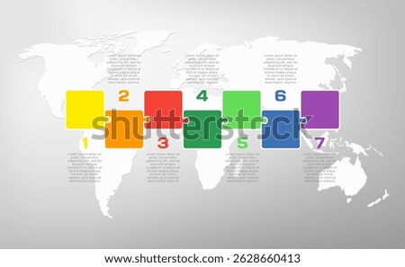Vector diagram infographic process on 7 parts, options or processes. Template timeline for graph, presentation and chart. Seven steps color part square puzzle pieces for business, flow concept