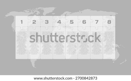 Vector diagram infographic process on 8 parts, options or processes. Template timeline for graph, presentation and chart. Eight steps transparent part puzzle pieces for business, flow concept