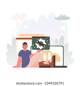 A Vector Diagram of a man Holding a Browser Window with Gears and Torque, Idealize for Tech and Headway Concepts.
