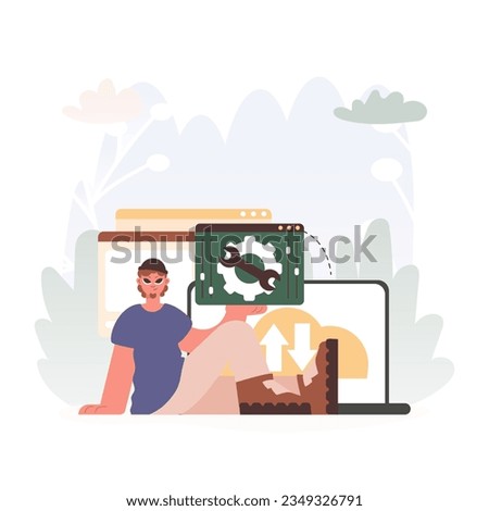 A Vector Diagram of a man Holding a Browser Window with Gears and Torque, Idealize for Tech and Headway Concepts.