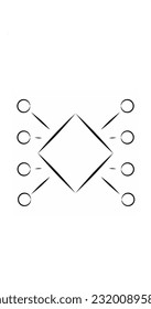 Vektorgrafik mit sechs kleinen Kreisen und 1 Diamantform. Weißer Hintergrund.