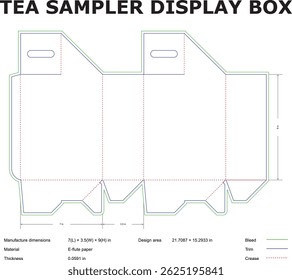 Vector diagram for tea sampler display box packaging template design dimensions and manufacturing specifications