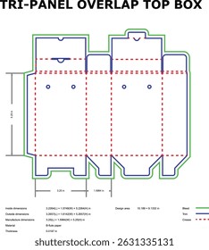Vector diagram of a tri panel overlap top box with dimensions and manufacturing details