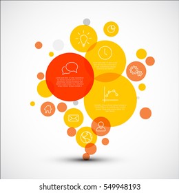 Diagrama de vectores con varios círculos descriptivos - plantilla infográfica hecha de círculos rojos y amarillos de varios tamaños e iconos de línea delgada