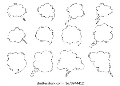 Image vectorielle bulles de savon du dialogue. Dessiné à la main. Seth isolé sur fond blanc. Discours nuages avec place pour texte pour message, salutation, dialogue. Style pop art, vintage, rétro. Pour la caricature, le dessin animé, la bande dessinée.