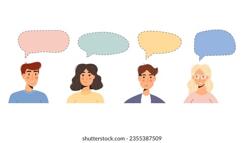 Vector dialogues between characters. Dialogue speech bubbles. Characters discussing something among themselves. Communication of people.