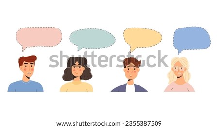 Vector dialogues between characters. Dialogue speech bubbles. Characters discussing something among themselves. Communication of people.