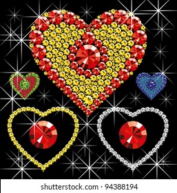 Vector diamond hearts of different color on black background