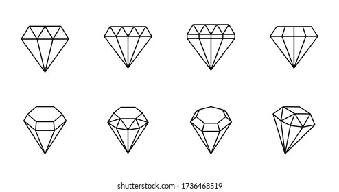 Vector Diamant Symbol. Auflistung von 8 bearbeitbaren Strichsymbolen. Gefasste Diamanten verschiedener Formen. Designelemente, Logo, Symbol für den Erfolg von Reichtum und Ruhm