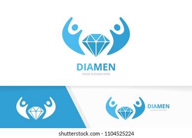 Vector diamond and people logo combination. Jewelry and family symbol or icon. Unique gem and team logotype design template.