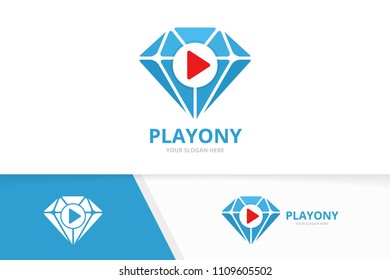 Vector diamond and play button logo combination. Jewelry and record symbol or icon. Unique gem and connect logotype design template.