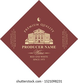 Vector diamond shaped label for red and white wine with image of an old building with statues of lions in retro style on maroon background.