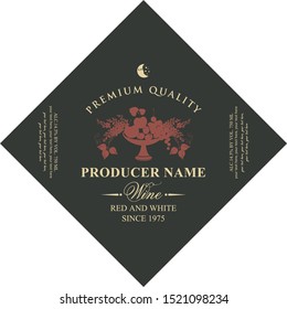 Vector diamond shaped label for red and white wine with a bowl of fruit, berries and lilac on the black background in retro style