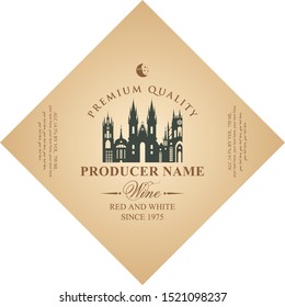 Vector diamond shaped label for red and white wine with silhouette of old european town, in retro style on beige background.