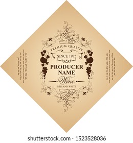 Vector diamond shaped label for red and white wine with floral and fruit ornament in Baroque style on a beige background.