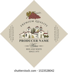 Etiqueta en forma de diamante vectorial para el vino rojo y blanco con el paisaje dibujado a mano de la aldea europea y ramo de uvas, en estilo retro con fondo beige.