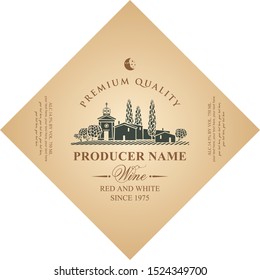 Vector diamond shaped label for red and white wine with european rural landscape of vineyards and European village in retro style on beige background