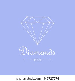 Vector diamond shopping icon, emblem. White diamond shape on blue background. Jewelry store emblem. Gemstone, diamond, brilliant.