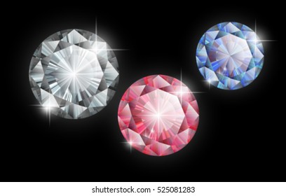 Vector Diamonds. Ruby, Sapphire And Diamond On A Black Background. Isolated Gems.