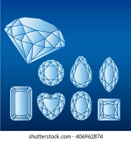 Vector diamonds of various shapes on blue background