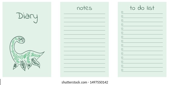 Vector diary dinosaur template. Hand drawn plesiosaur. Cartoon dino. Diary, notes, to do list pages for notebook.