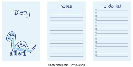 Vector diary dinosaur template. Hand drawn brontosaurus. Cartoon dino. Diary, notes, to do list pages for notebook.