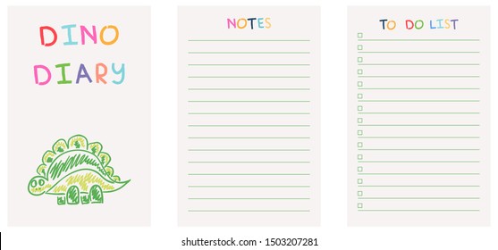 Vector diary dinosaur template. Hand drawn stegosaurus. Cartoon dino. Diary, notes, to do list pages for notebook.