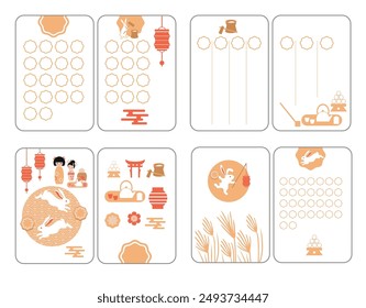 Vector diary or planner pages for September, for Mid-Autumn Festival. Vector cards templates of children's notebook pages, notes, stickers in Japanese style for September. Symbols  change of seasons.