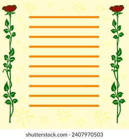 Vector diary is a set of pages for writing and a diary. Orange lines and poppy flowers, and long branches and leaves.  Pale yellow background. For a diary, pages, notebooks, a notebook.