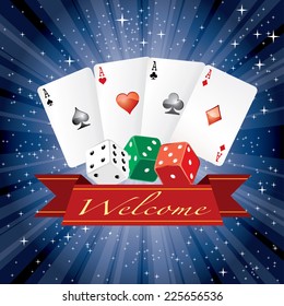 vector dice and cards with banner on starry night