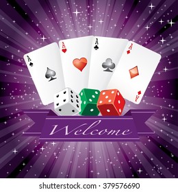 vector dice and cards with banner on purple starry night