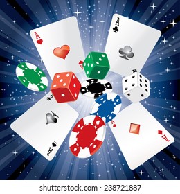 vector dice, cards and gambling chips on starry night background