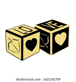 vector dice for valentines day with pink and blue heart and the inscription Love on a white background