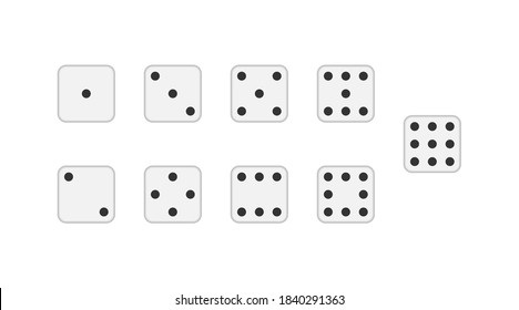 Vector Dice. White cubes icons with black circles. Six and nine dice. One two three four five dots. Devils bones poker game