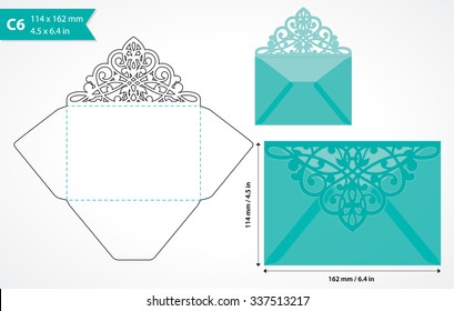 Plantilla de envolvente de corte del vector. Tamaño C6. Puede ser el usuario para el corte por láser. Sobre de invitación de boda doblado. Cuchillo para tarjeta de vacaciones. Diseño de sobres.