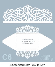 Vector die cut envelope template for laser cutting. Invitation envelope C6. Wedding invitation mockup. Lazer cut vector.