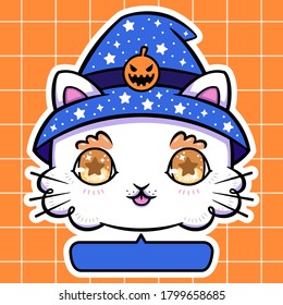 Vektorstanzaufkleber-Illustration von halloween weißer Katze gelber Augen Zunge aus und Hexenkürbis-blauer Hut, Dialogbox Bubble Ballon ästhetische orangefarbene viereckige Hintergrund