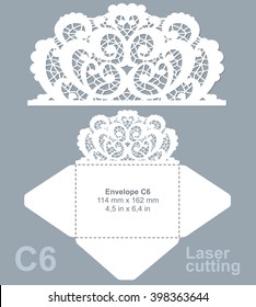 Vector Die Laser Cut Envelope Template. Invitation Envelope C6. Wedding Lace Invitation Mockup. 