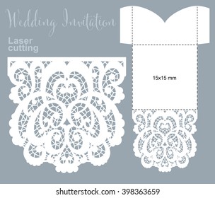 Vector Die Laser Cut Envelope Template. Invitation Envelope. Wedding Lace Invitation Mockup. 15x15 Cm 
